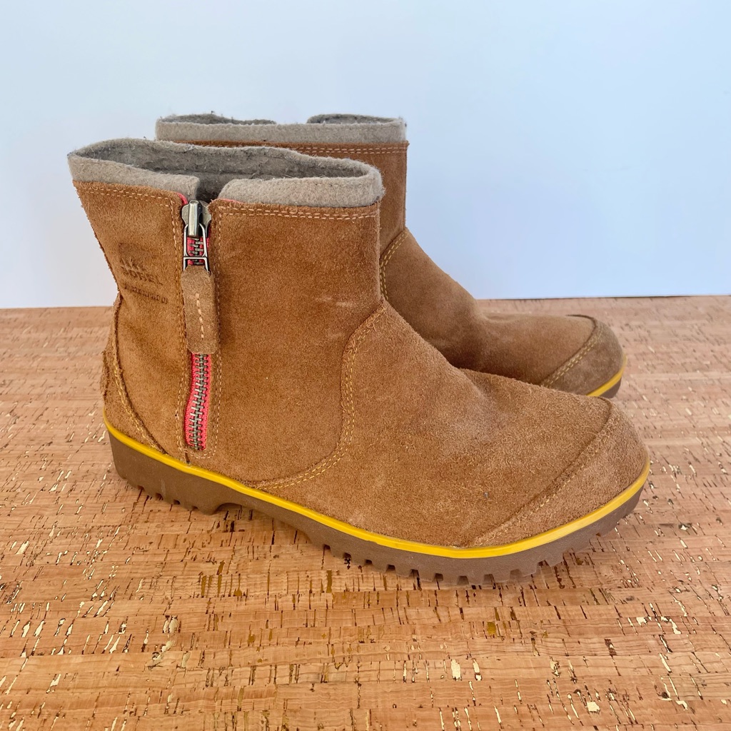 Sorel Women's Waterproof Tan Suede Ankle Boots With Yellow Trim